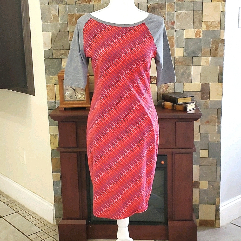 LuLaRoe Y2K Style Red & Gray Geometric Comfy Soft Bodycon Dress XS